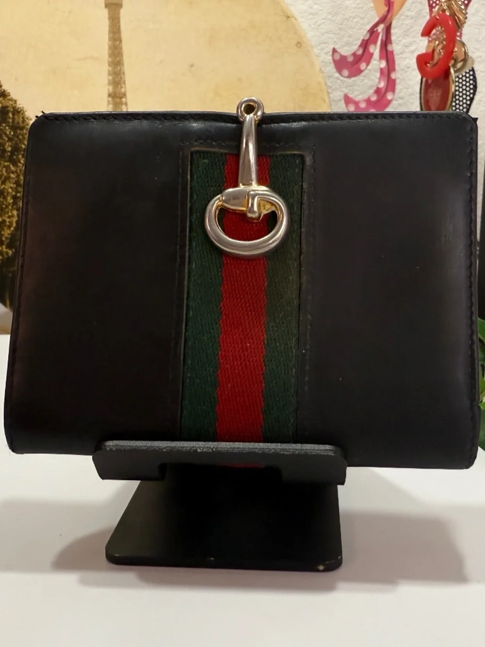 FASHIONABLE GUCCI BLACK LEATHER GREEN & RED WEB STRIPED HORSE-BIT WALLET! - Picture 17 of 17